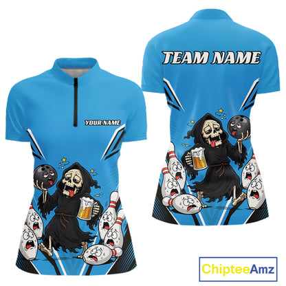 Custom Blue Funny Grim Reaper Bowling And Beer Women Quarter-Zip Shirt, Halloween Jersey IPHW11949