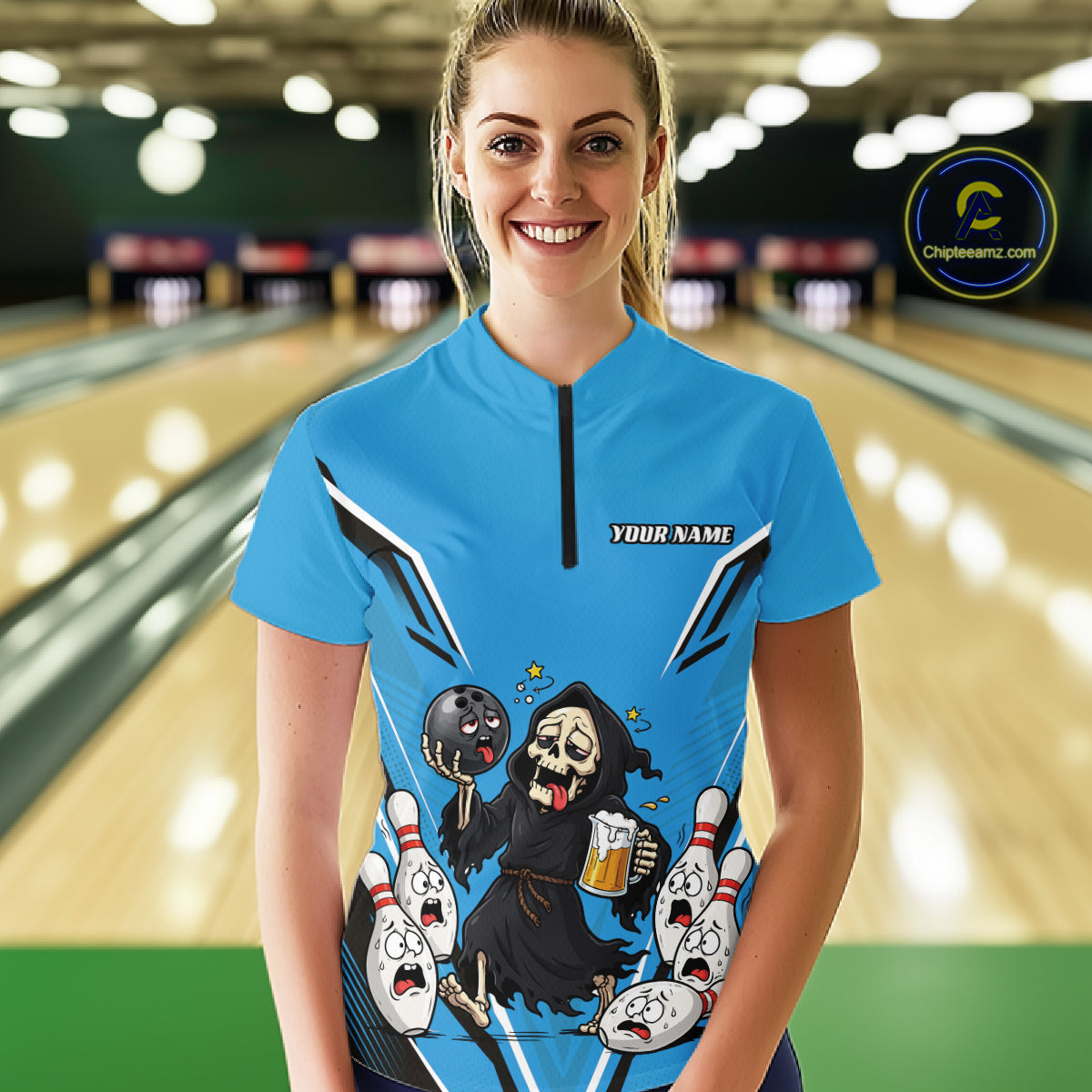 Custom Blue Funny Grim Reaper Bowling And Beer Women Quarter-Zip Shirt, Halloween Jersey IPHW11949