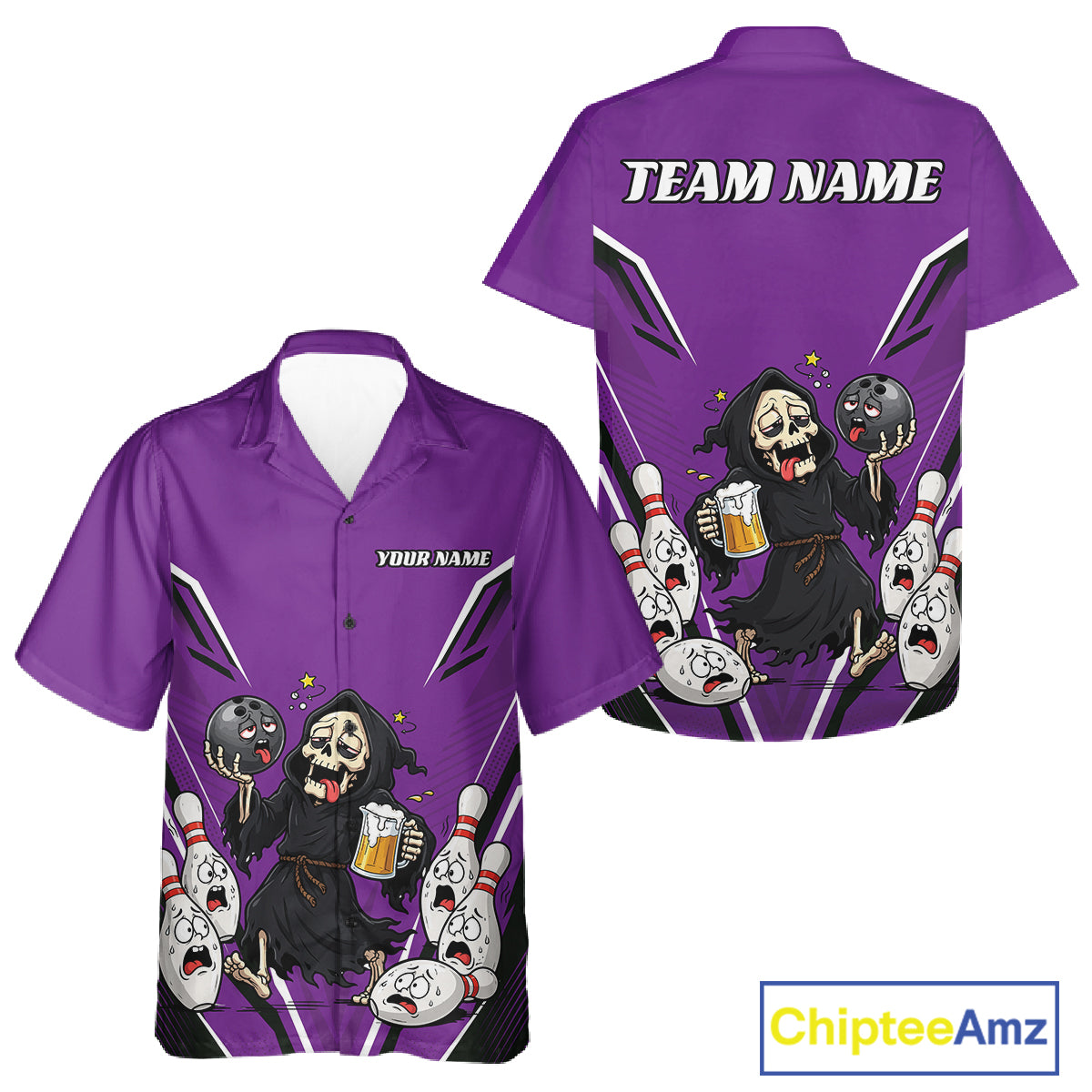Custom Purple Funny Grim Reaper Bowling And Beer Men And Women Button Up Shirt, Halloween Bowling Jersey IPHW11950