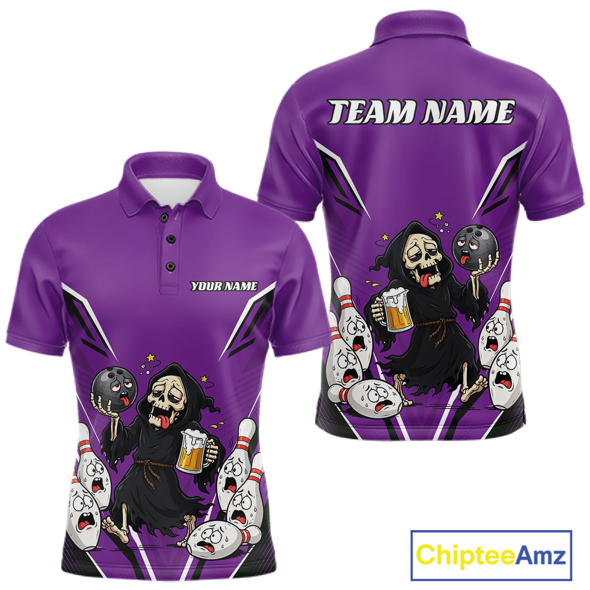 Custom Purple Funny Grim Reaper Bowling And Beer Men Polo Shirt, Halloween Bowling Jersey IPHW11950