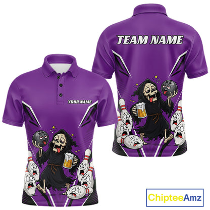 Custom Purple Funny Grim Reaper Bowling And Beer Men Polo Shirt, Halloween Bowling Jersey IPHW11950