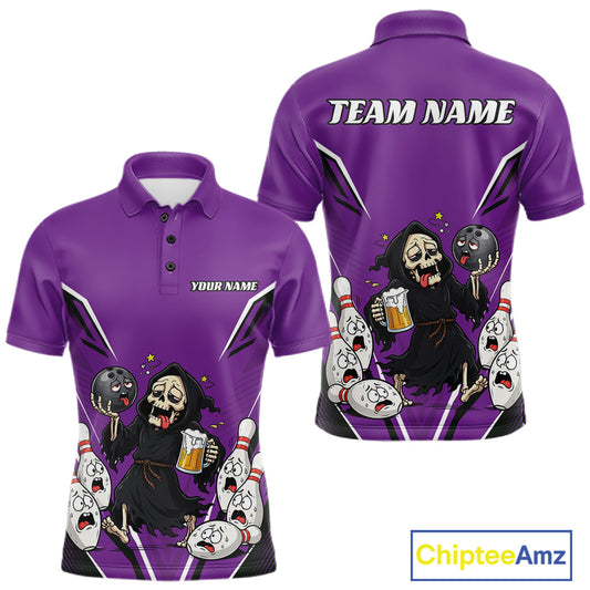 Custom Purple Funny Grim Reaper Bowling And Beer Men Polo Shirt, Halloween Bowling Jersey IPHW11950