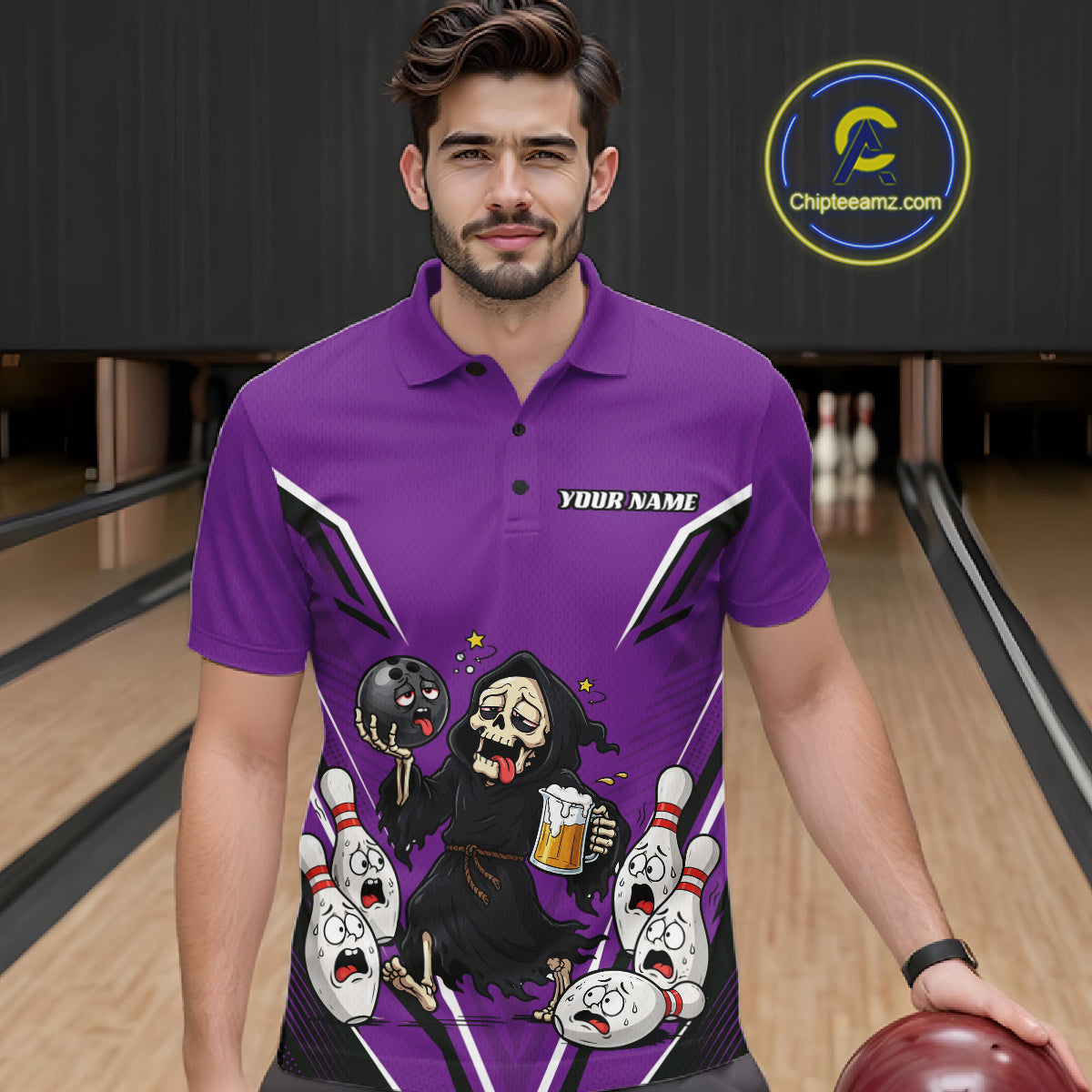 Custom Purple Funny Grim Reaper Bowling And Beer Men Polo Shirt, Halloween Bowling Jersey IPHW11950