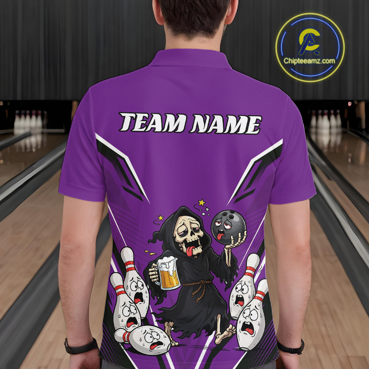 Custom Purple Funny Grim Reaper Bowling And Beer Men Polo Shirt, Halloween Bowling Jersey IPHW11950
