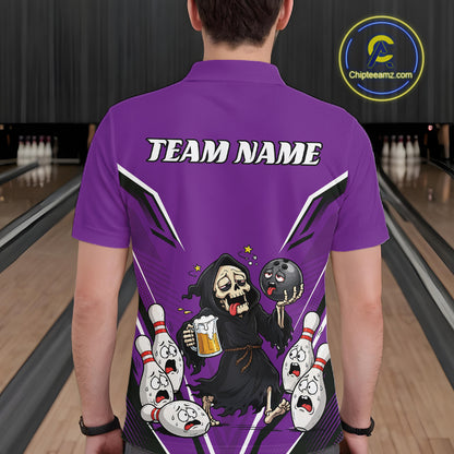 Custom Purple Funny Grim Reaper Bowling And Beer Men Polo Shirt, Halloween Bowling Jersey IPHW11950