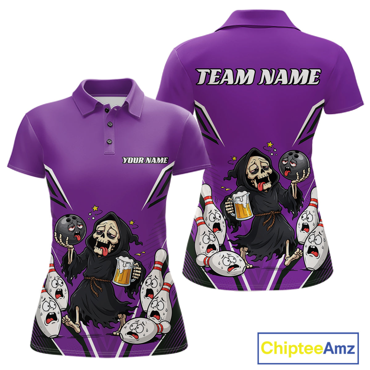 Custom Purple Funny Grim Reaper Bowling And Beer Women Polo Shirt, Halloween Bowling Jersey IPHW11950