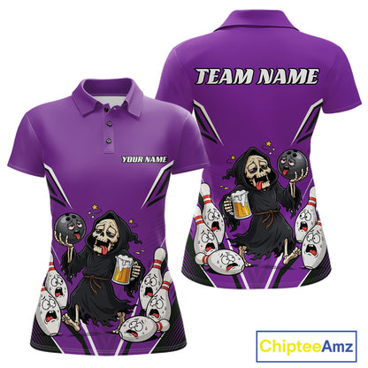 Custom Purple Funny Grim Reaper Bowling And Beer Women Polo Shirt, Halloween Bowling Jersey IPHW11950