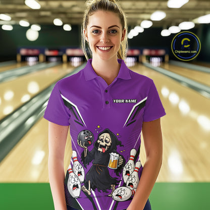 Custom Purple Funny Grim Reaper Bowling And Beer Women Polo Shirt, Halloween Bowling Jersey IPHW11950