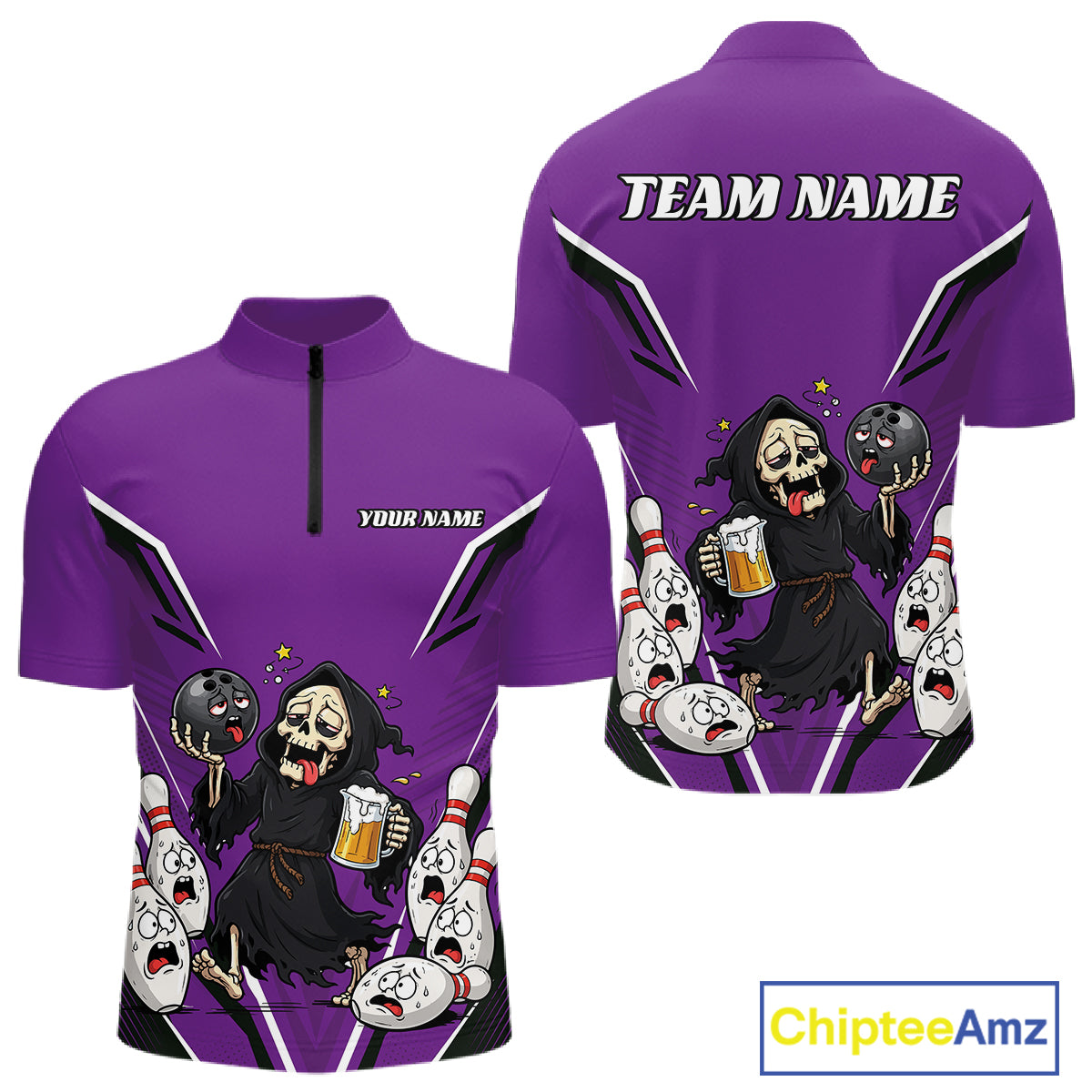 Custom Purple Funny Grim Reaper Bowling And Beer Men Quarter Zip Shirt, Halloween Bowling Jersey IPHW11950