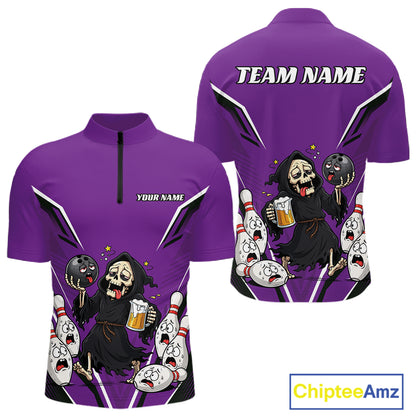 Custom Purple Funny Grim Reaper Bowling And Beer Men Quarter Zip Shirt, Halloween Bowling Jersey IPHW11950