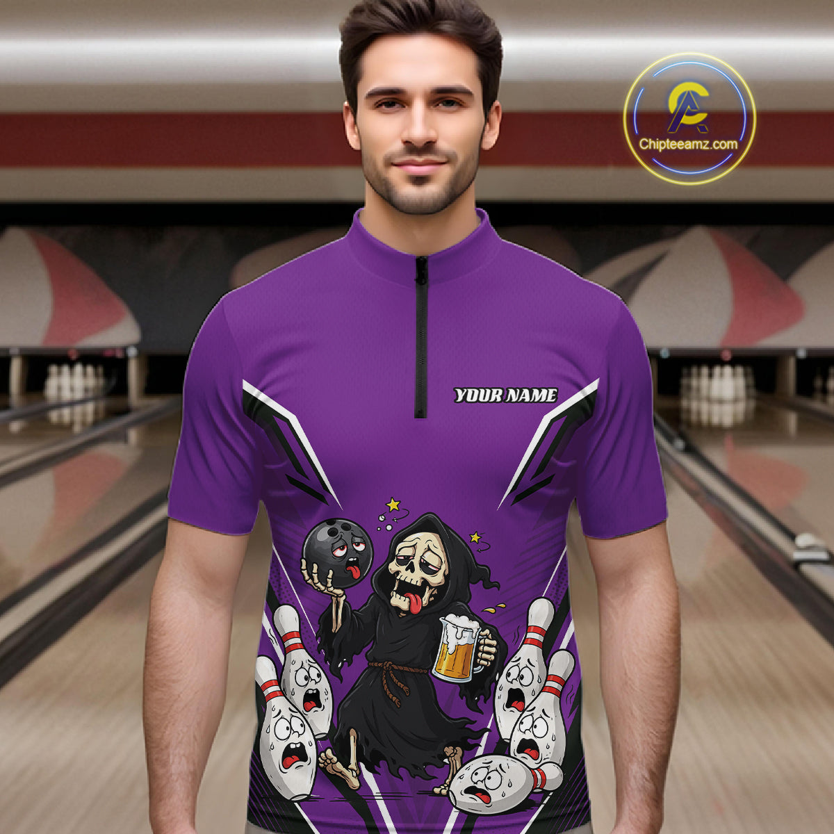 Custom Purple Funny Grim Reaper Bowling And Beer Men Quarter Zip Shirt, Halloween Bowling Jersey IPHW11950