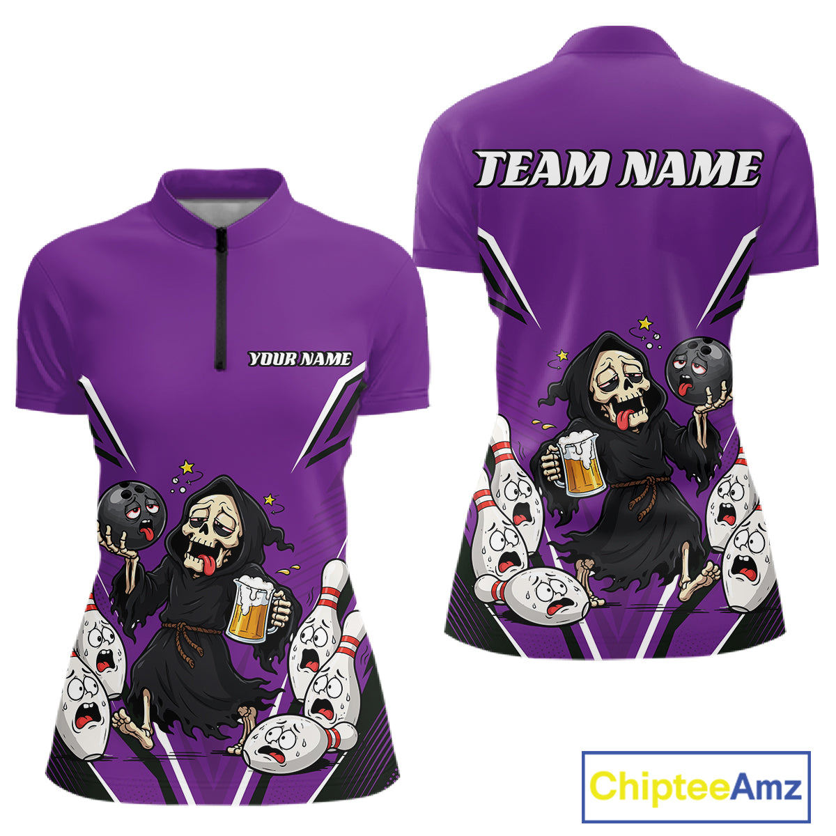 Custom Purple Funny Grim Reaper Bowling And Beer Women Shirt, Halloween Jersey IPHW11950