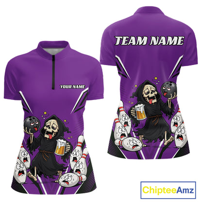 Custom Purple Funny Grim Reaper Bowling And Beer Women Shirt, Halloween Jersey IPHW11950