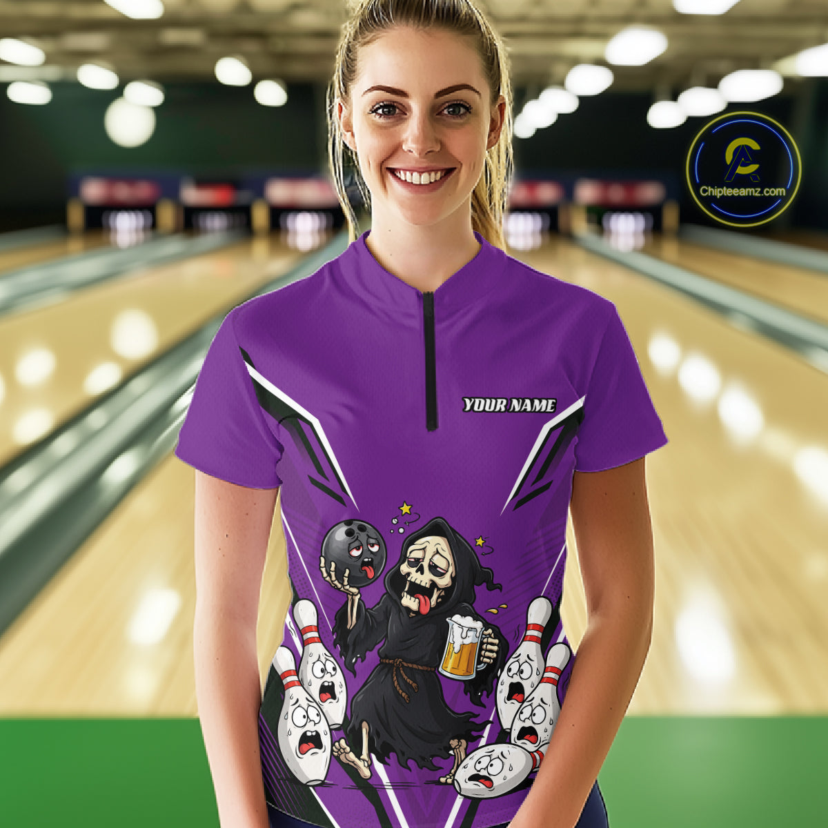 Custom Purple Funny Grim Reaper Bowling And Beer Women Shirt, Halloween Jersey IPHW11950