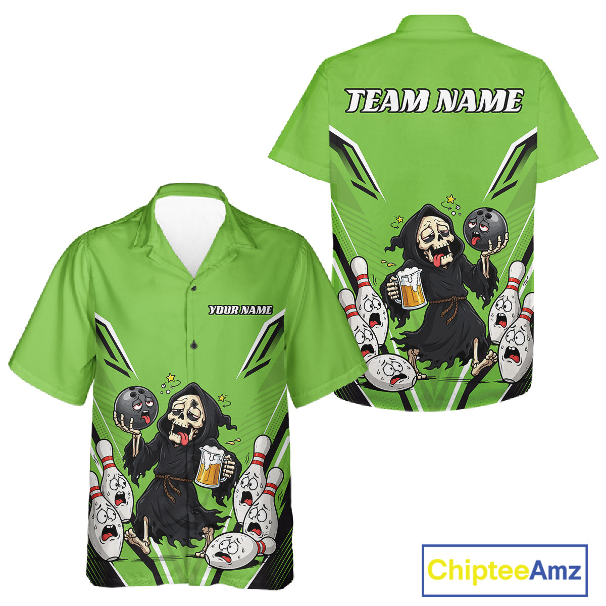 Custom Green Funny Grim Reaper Bowling And Beer Men And Women Button Up Shirt, Halloween Bowling Jersey IPHW11951