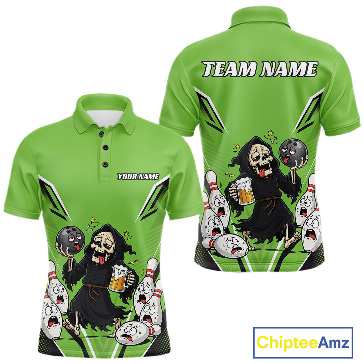 Custom Green Funny Grim Reaper Bowling And Beer Men Polo Shirt, Halloween Bowling Jersey IPHW11951