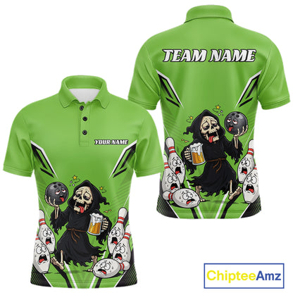 Custom Green Funny Grim Reaper Bowling And Beer Men Polo Shirt, Halloween Bowling Jersey IPHW11951