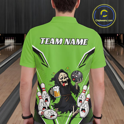 Custom Green Funny Grim Reaper Bowling And Beer Men Polo Shirt, Halloween Bowling Jersey IPHW11951