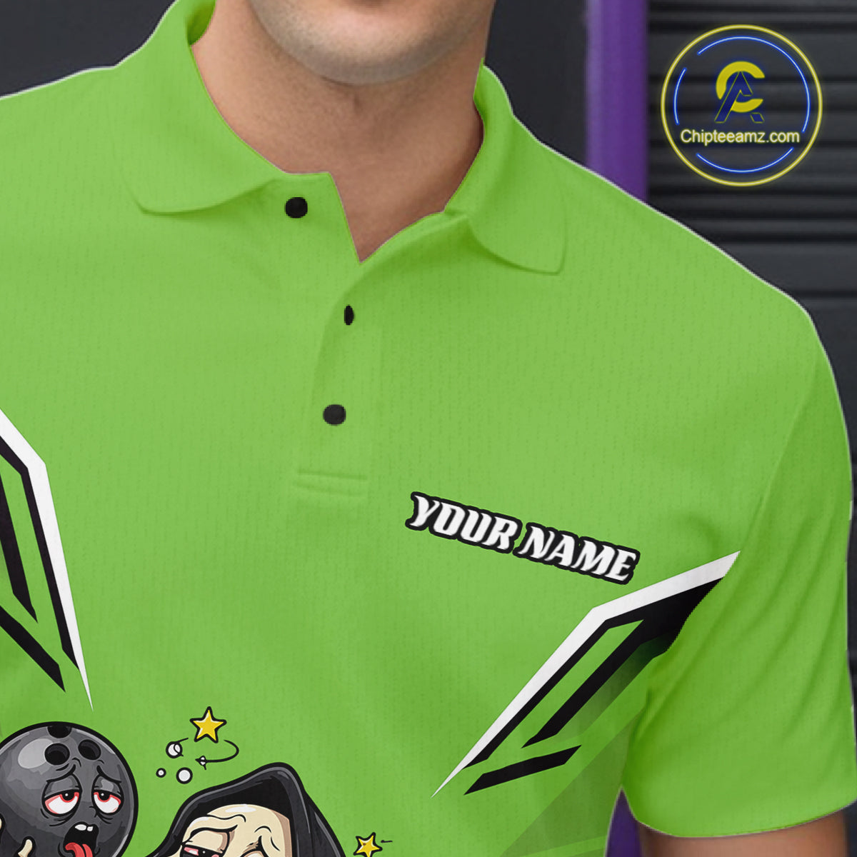 Custom Green Funny Grim Reaper Bowling And Beer Men Polo Shirt, Halloween Bowling Jersey IPHW11951
