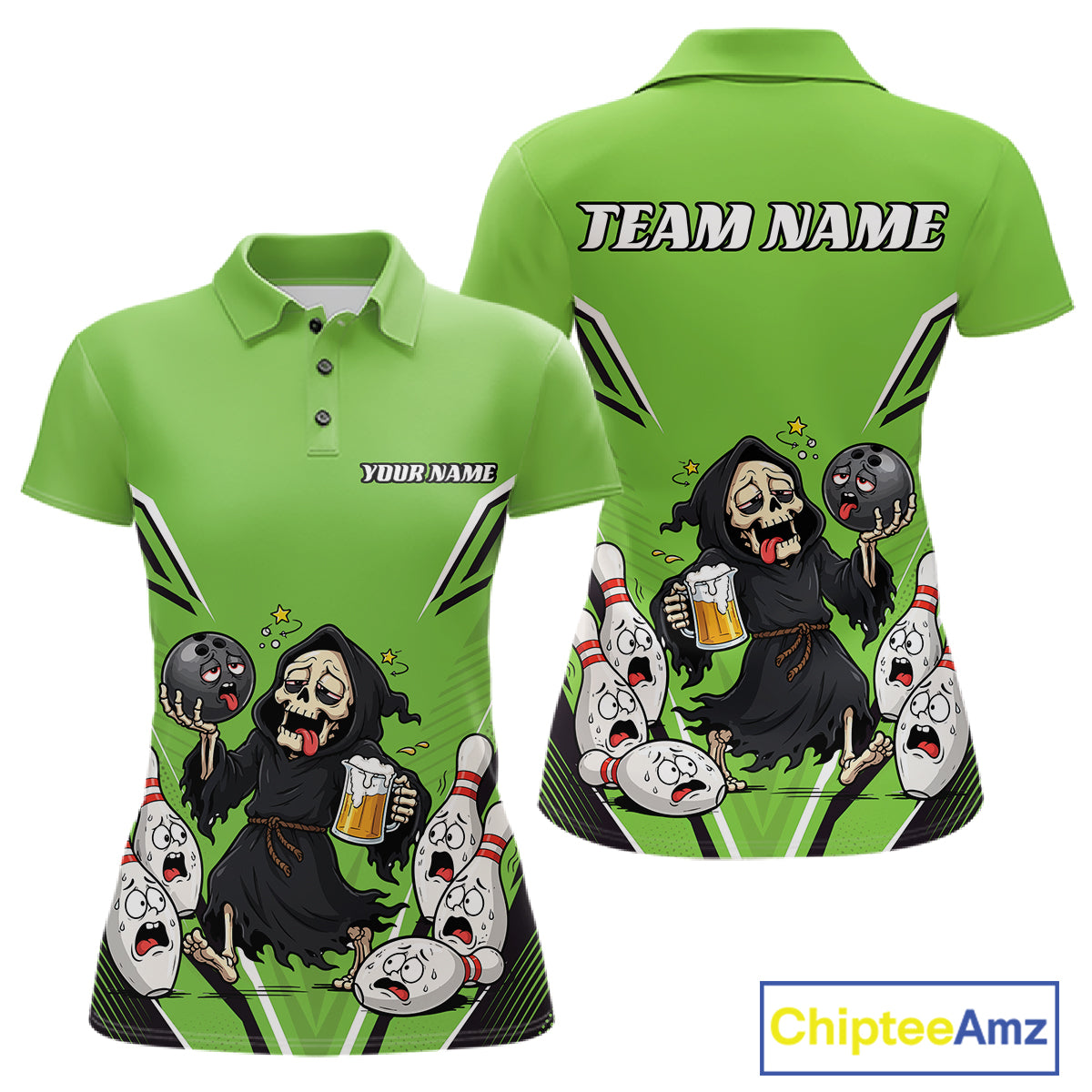 Custom Green Funny Grim Reaper Bowling And Beer Women Polo Shirt, Halloween Bowling Jersey IPHW11951