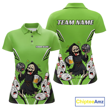 Custom Green Funny Grim Reaper Bowling And Beer Women Polo Shirt, Halloween Bowling Jersey IPHW11951