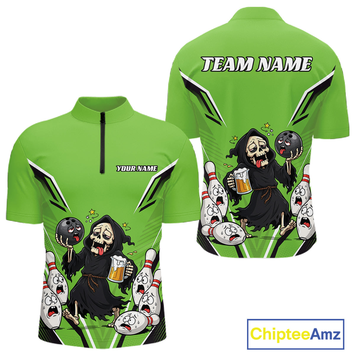 Custom Green Funny Grim Reaper Bowling And Beer Men Quarter Zip Shirt, Halloween Bowling Jersey IPHW11951