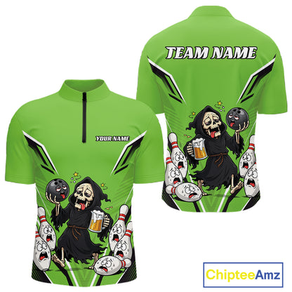 Custom Green Funny Grim Reaper Bowling And Beer Men Quarter Zip Shirt, Halloween Bowling Jersey IPHW11951