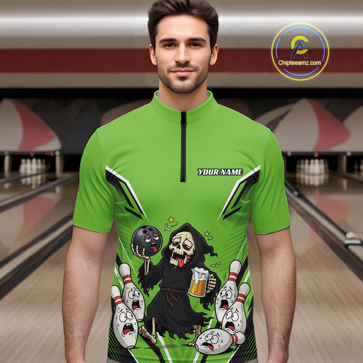 Custom Green Funny Grim Reaper Bowling And Beer Men Quarter Zip Shirt, Halloween Bowling Jersey IPHW11951