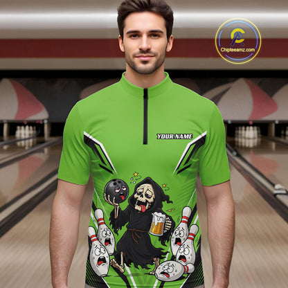Custom Green Funny Grim Reaper Bowling And Beer Men Quarter Zip Shirt, Halloween Bowling Jersey IPHW11951