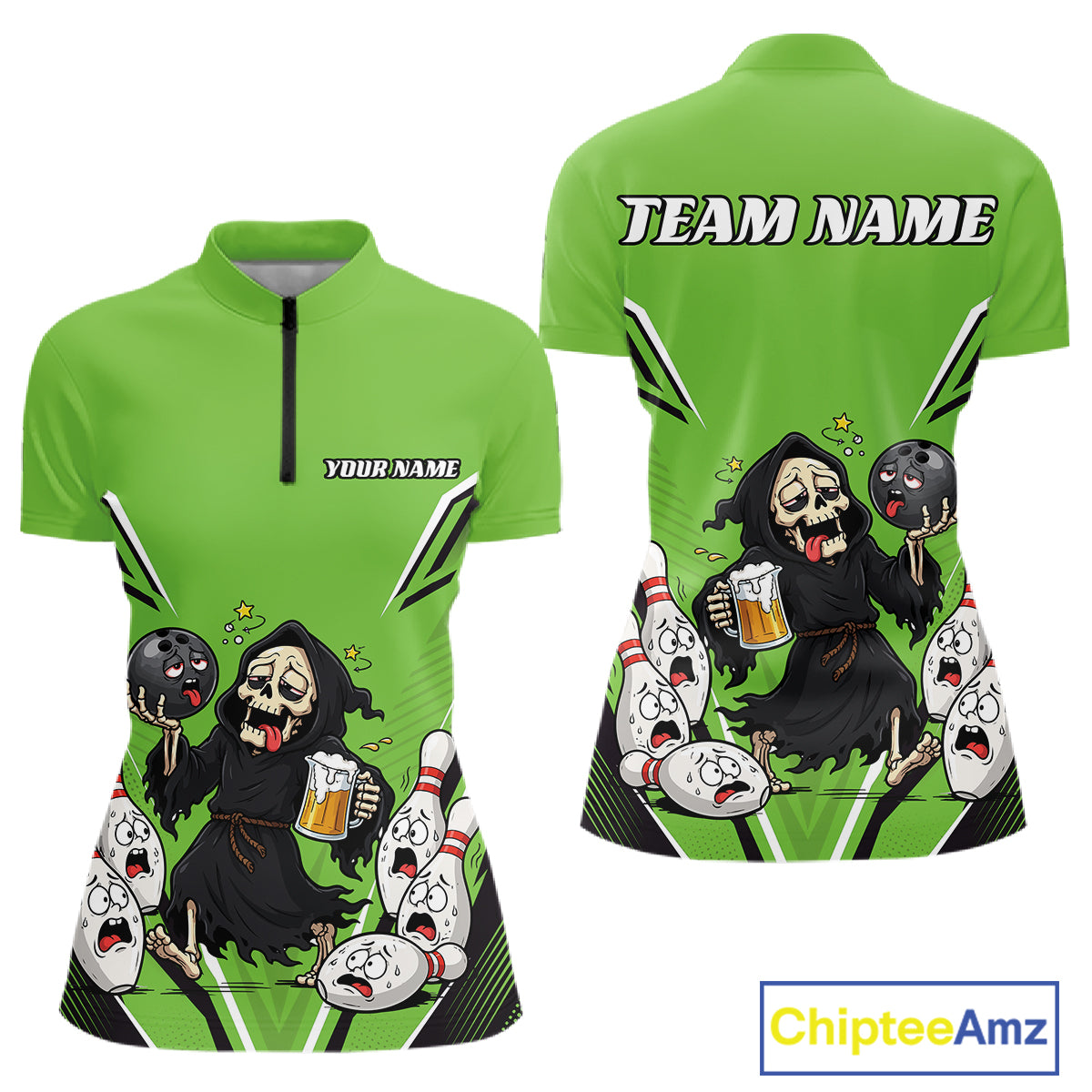 Custom Green Funny Grim Reaper Bowling And Beer Women Shirt, Halloween Jersey IPHW11951