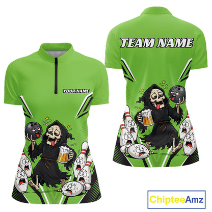 Custom Green Funny Grim Reaper Bowling And Beer Women Shirt, Halloween Jersey IPHW11951