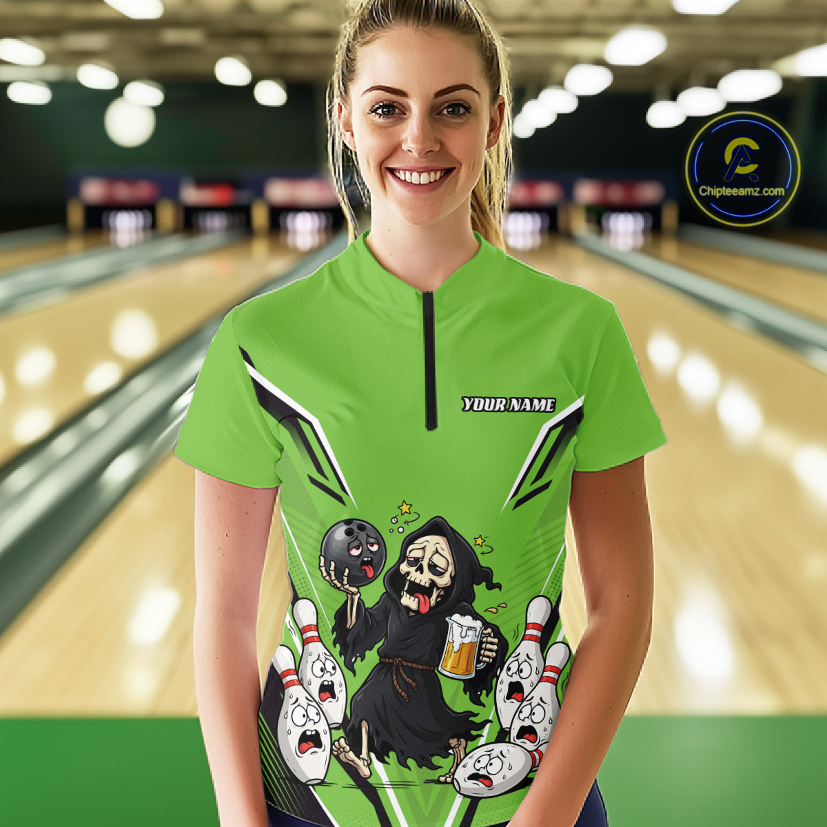 Custom Green Funny Grim Reaper Bowling And Beer Women Shirt, Halloween Jersey IPHW11951