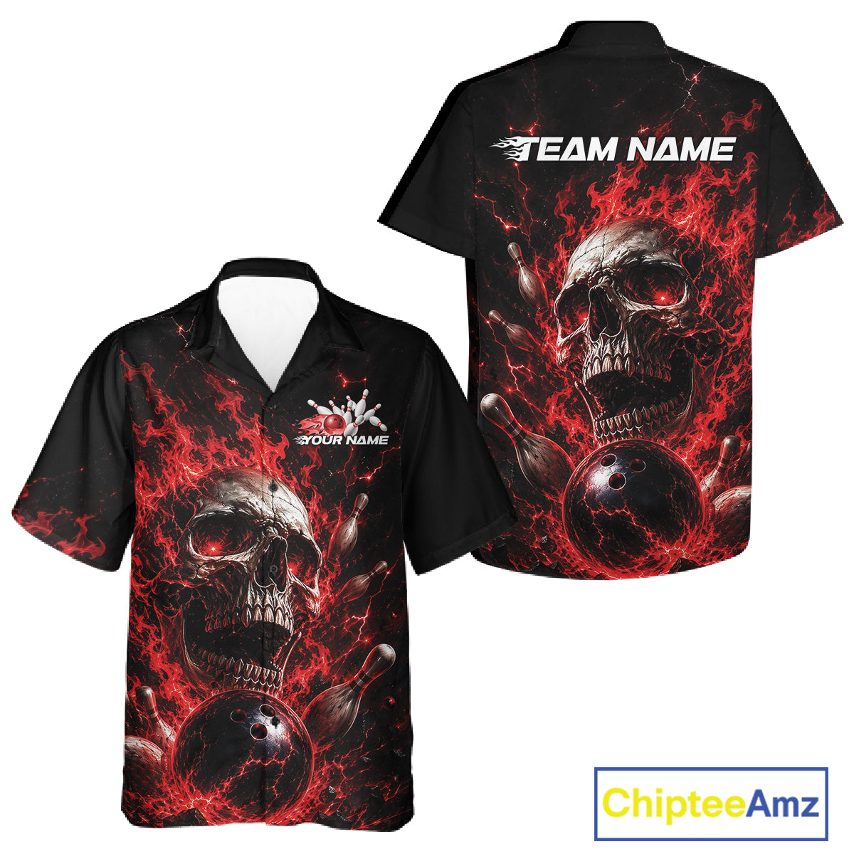 Custom Red Flame Skull Halloween Bowling Men And Women Button Up Shirt, Bowling Jersey IPHW11957
