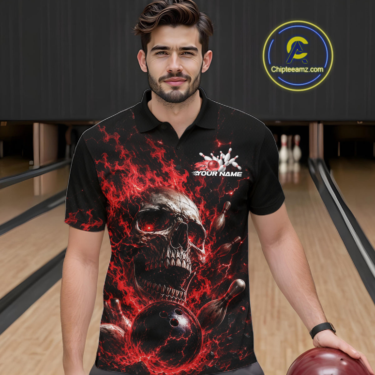 Custom Red Flame Skull Halloween Bowling Men Polo Shirt, Bowling Jersey IPHW11957