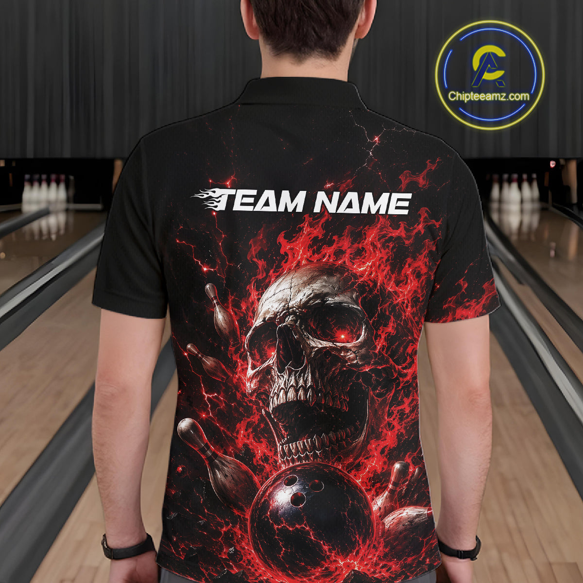 Custom Red Flame Skull Halloween Bowling Men Polo Shirt, Bowling Jersey IPHW11957