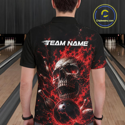 Custom Red Flame Skull Halloween Bowling Men Polo Shirt, Bowling Jersey IPHW11957