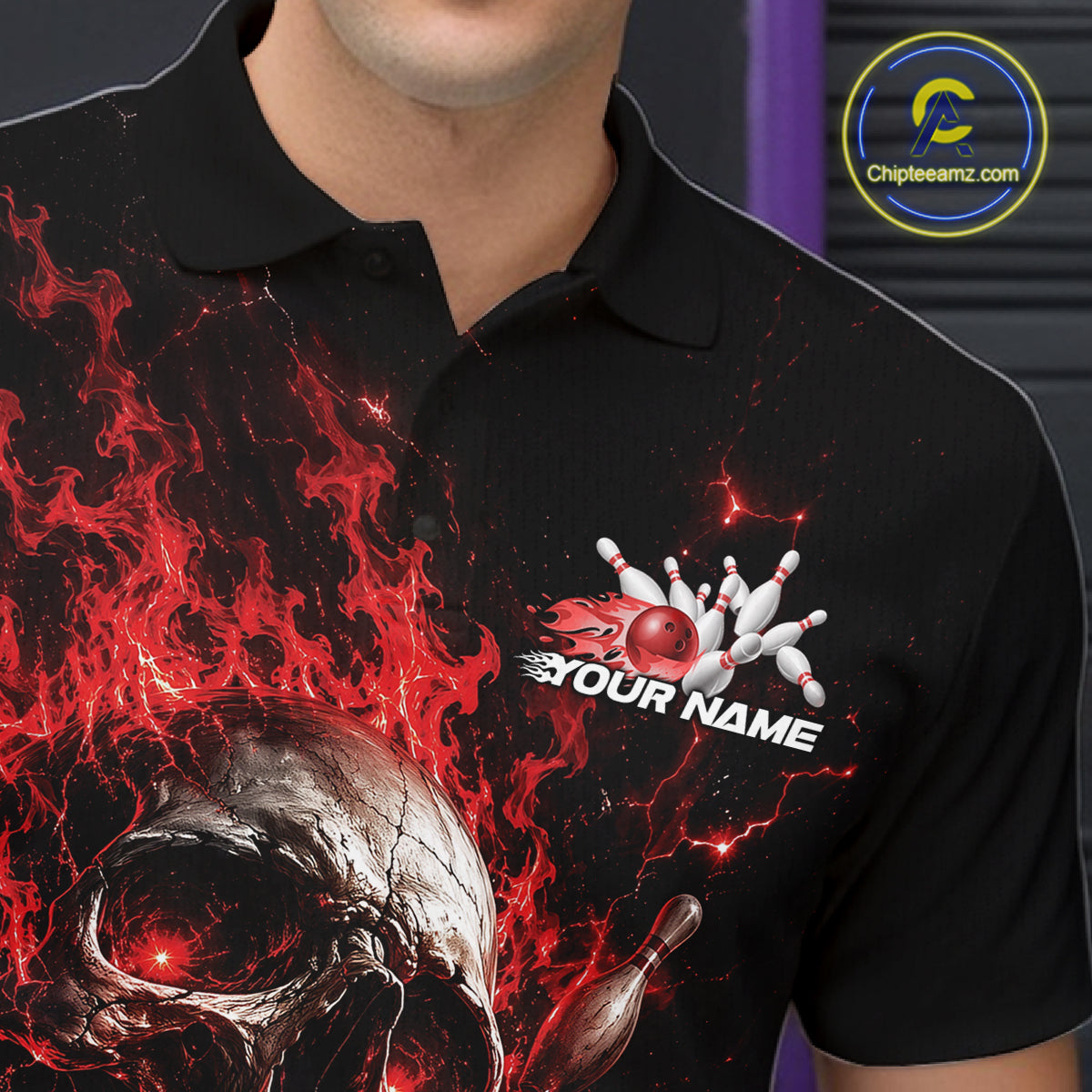 Custom Red Flame Skull Halloween Bowling Men Polo Shirt, Bowling Jersey IPHW11957