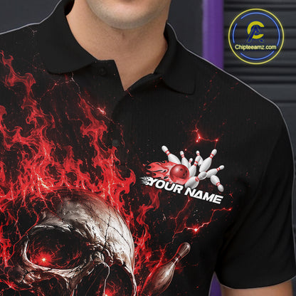 Custom Red Flame Skull Halloween Bowling Men Polo Shirt, Bowling Jersey IPHW11957