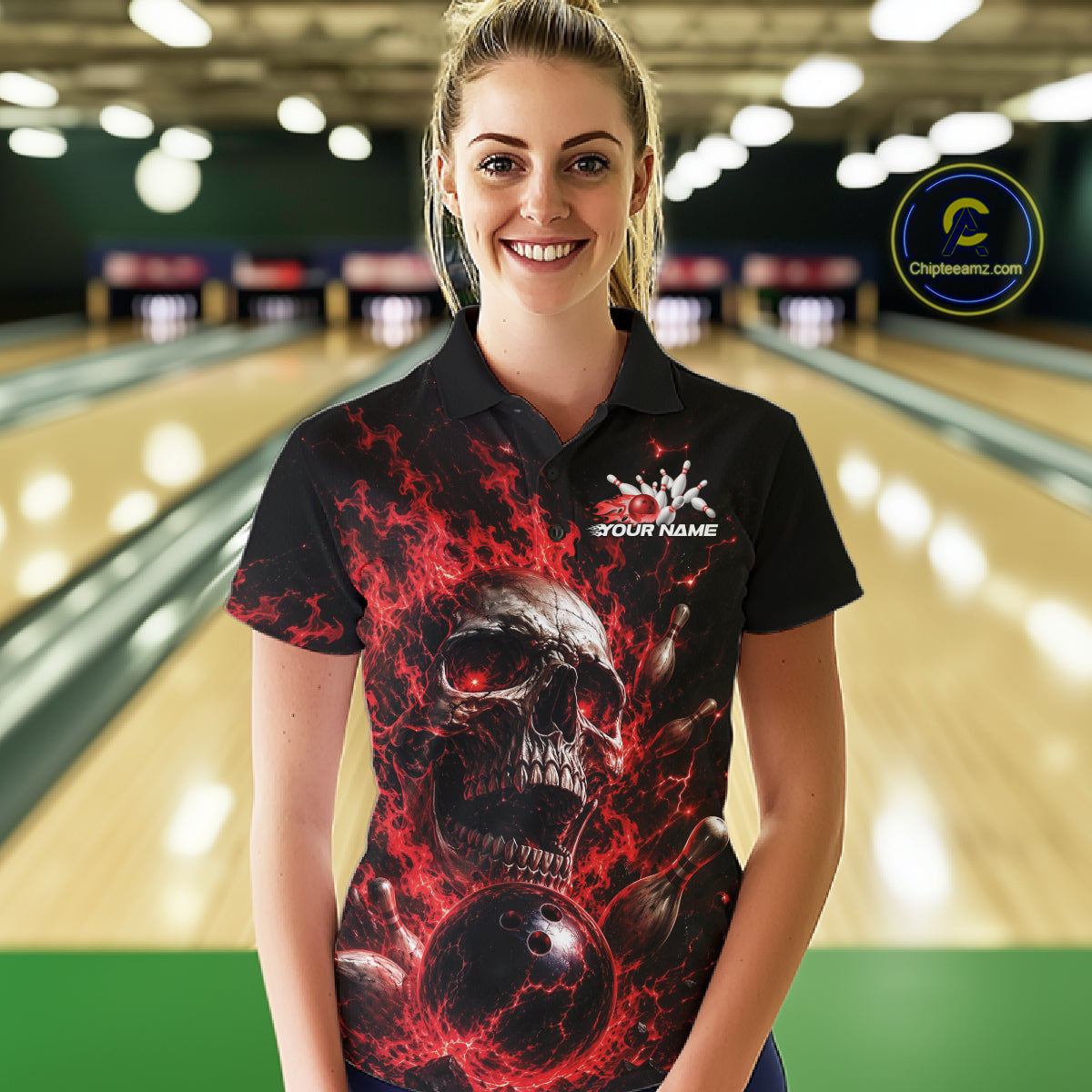 Custom Red Flame Skull Halloween Bowling Women Polo Shirt, Bowling Jersey IPHW11957