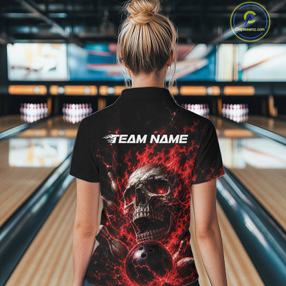 Custom Red Flame Skull Halloween Bowling Women Polo Shirt, Bowling Jersey IPHW11957