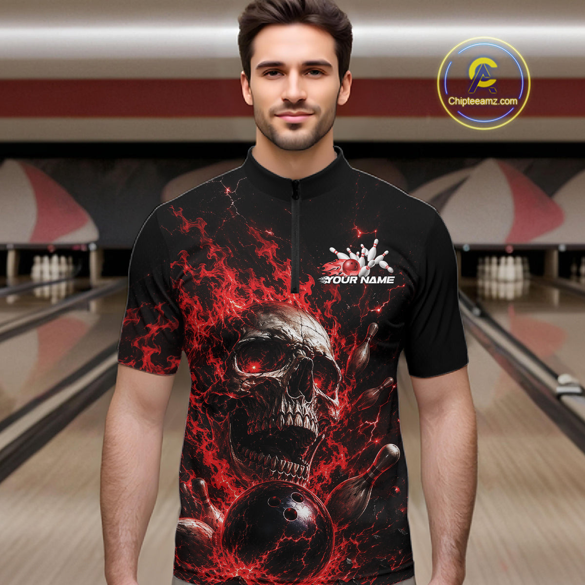 Custom Red Flame Skull Halloween Bowling Men Quarter Zip Shirt, Bowling Jersey IPHW11957