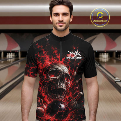 Custom Red Flame Skull Halloween Bowling Men Quarter Zip Shirt, Bowling Jersey IPHW11957