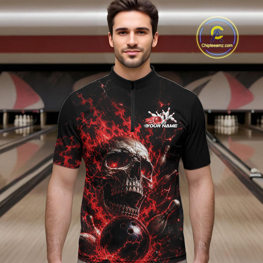 Custom Red Flame Skull Halloween Bowling Men Quarter Zip Shirt, Bowling Jersey IPHW11957