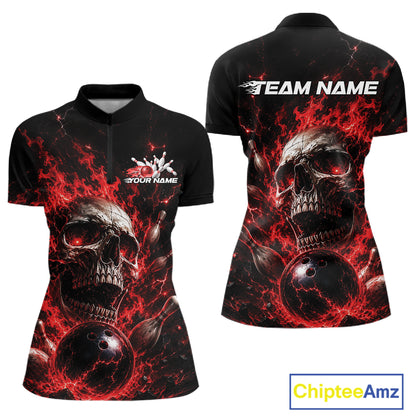 Custom Red Flame Skull Halloween Bowling Women Quarter-Zip Shirt, Bowling Jersey IPHW11957