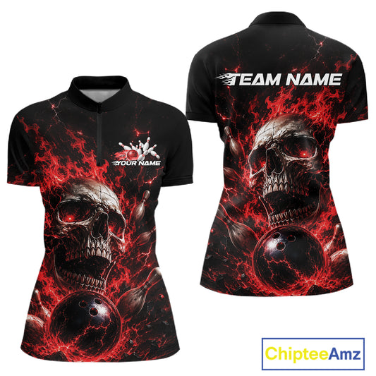 Custom Red Flame Skull Halloween Bowling Women Quarter-Zip Shirt, Bowling Jersey IPHW11957