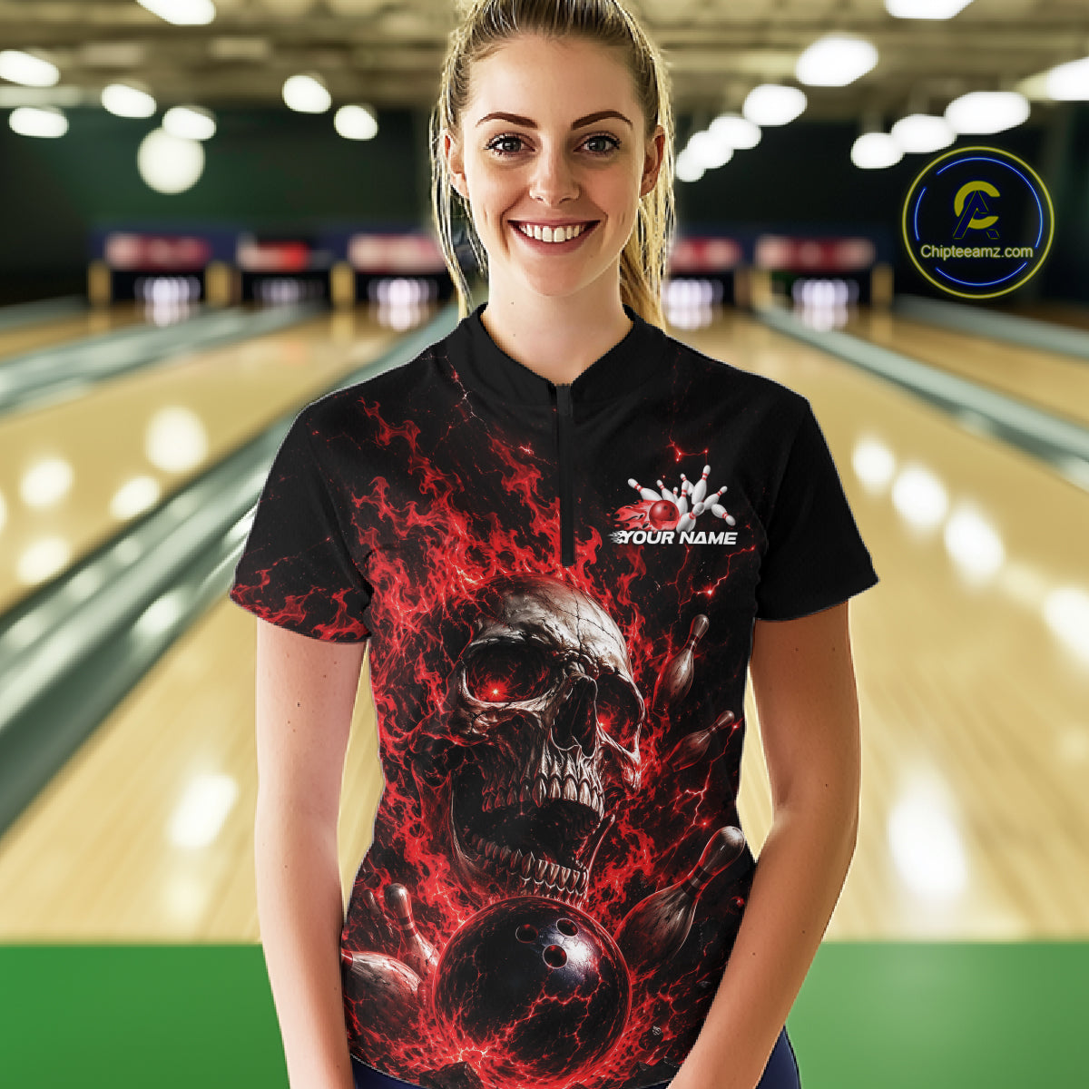 Custom Red Flame Skull Halloween Bowling Women Quarter-Zip Shirt, Bowling Jersey IPHW11957