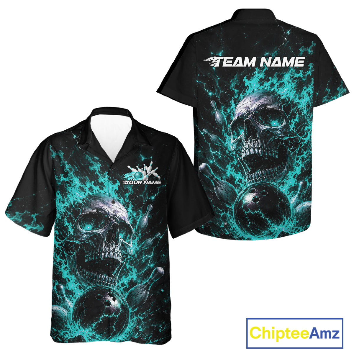 Custom Turquoise Blue Flame Skull Halloween Bowling Men And Women Button Up Shirt, Bowling Jersey IPHW11958