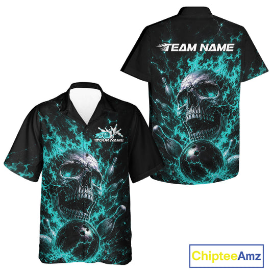 Custom Turquoise Blue Flame Skull Halloween Bowling Men And Women Button Up Shirt, Bowling Jersey IPHW11958