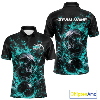 Custom Turquoise Blue Flame Skull Halloween Bowling Men Polo Shirt, Bowling Jersey IPHW11958