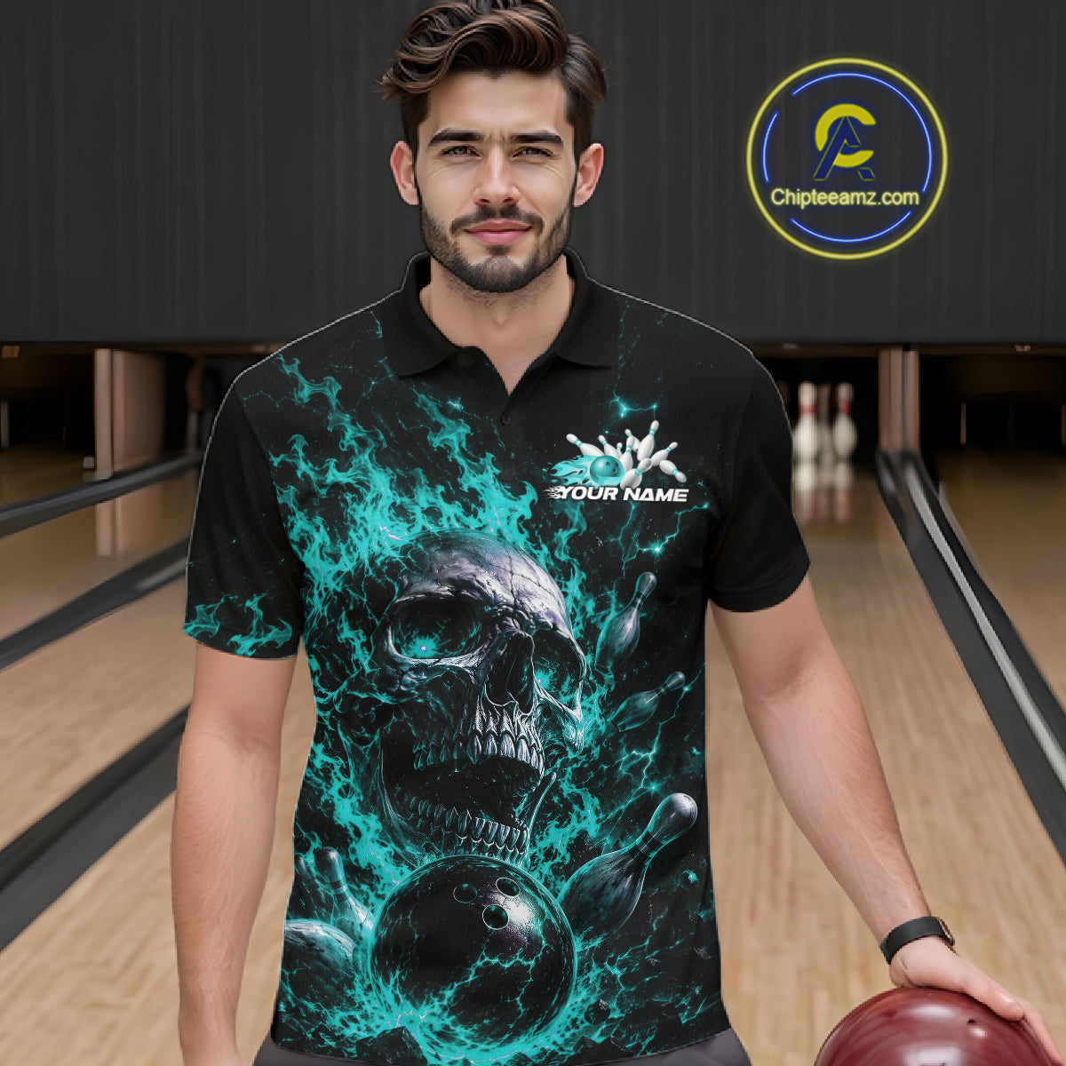 Custom Turquoise Blue Flame Skull Halloween Bowling Men Polo Shirt, Bowling Jersey IPHW11958